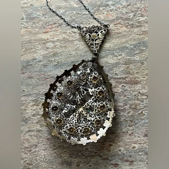 Art Deco Rhodium Plated And Enamel Painted Floral Design LavaliereStyle Necklace - Picture 8 of 16